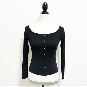 Ambiance Black Ribbed Long Sleeve Boat Neck Top NWT Juniors Small Faux Buttons
